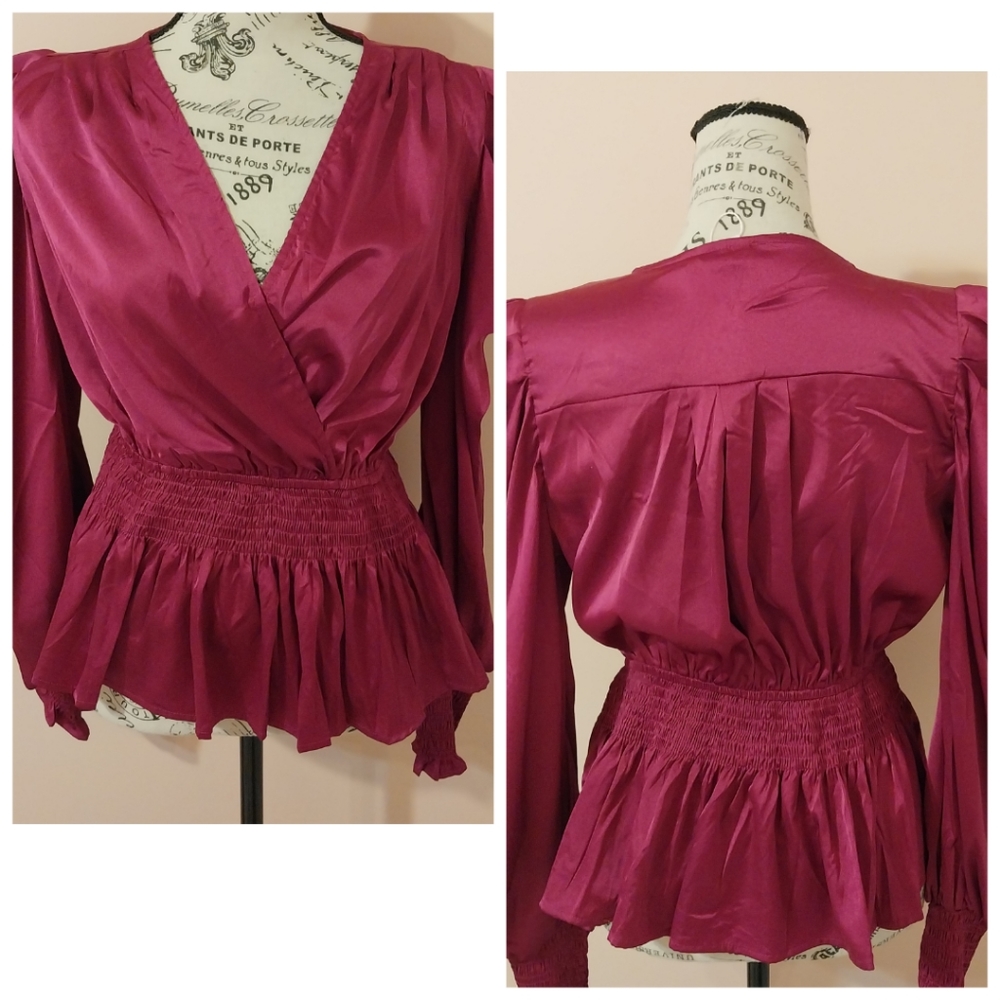Barbiecore HOT PINK SILKY PEPLUM TOP- S
